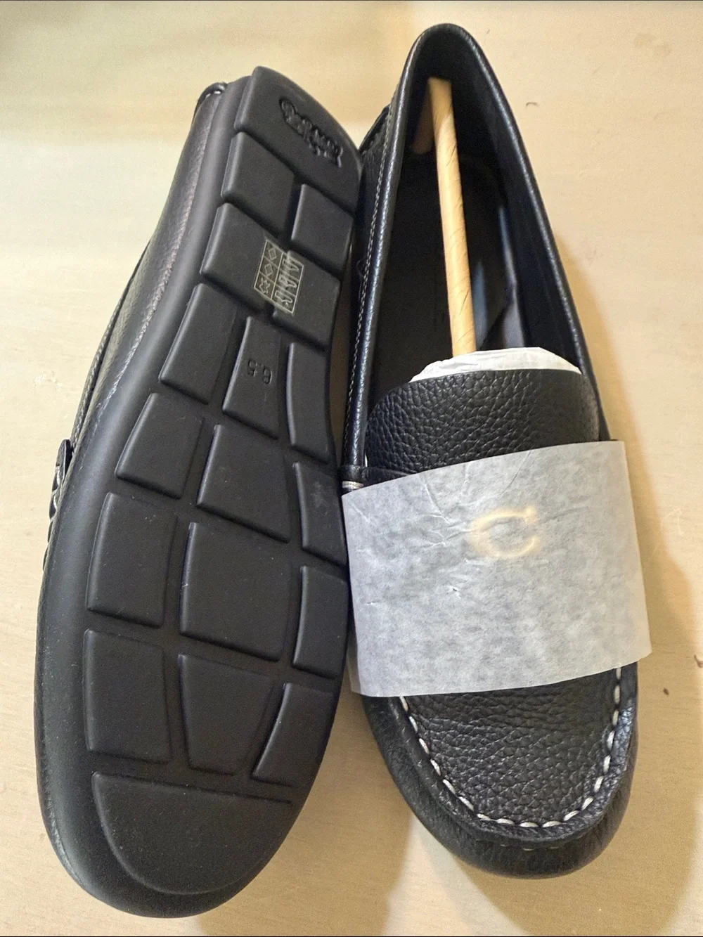 Coach Black Pebble Leather Loafers with Gold 'C' Accent